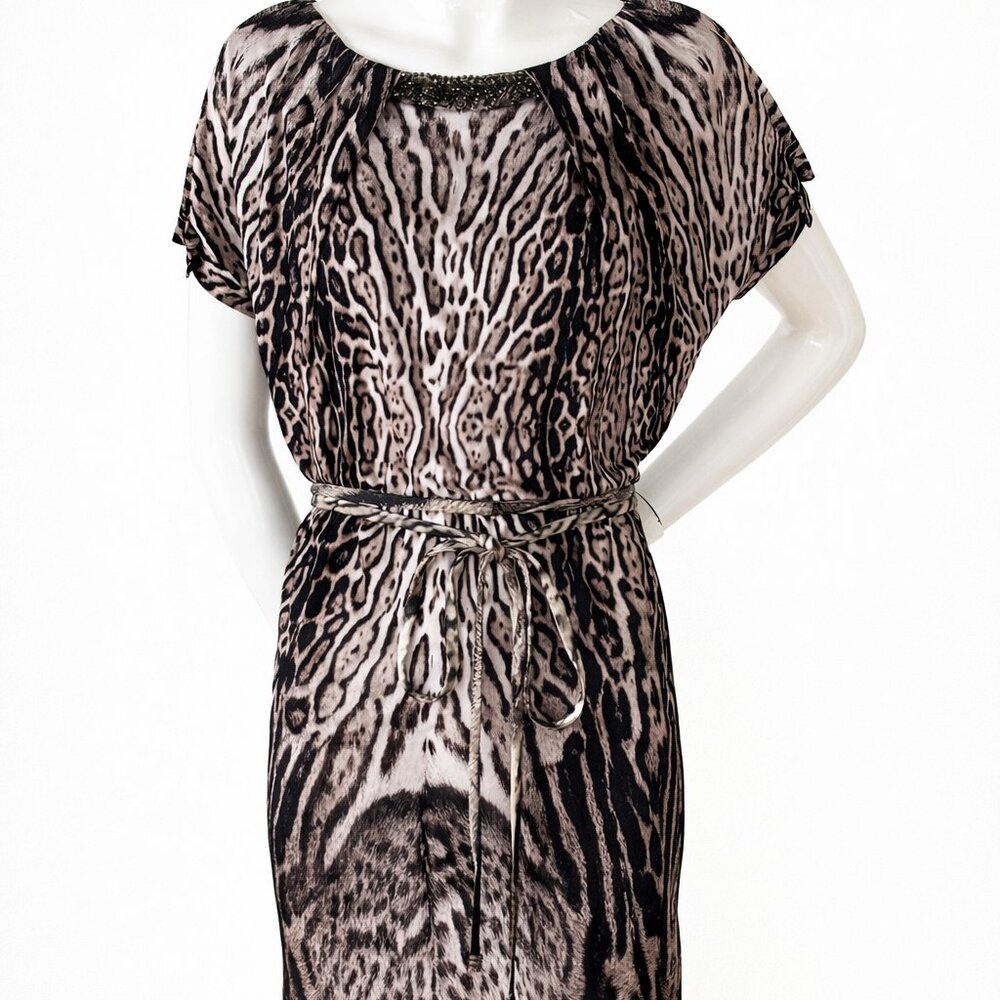 Roberto Cavalli Animal Print Dress – Italian Designer Silk Feel Dress with Belt